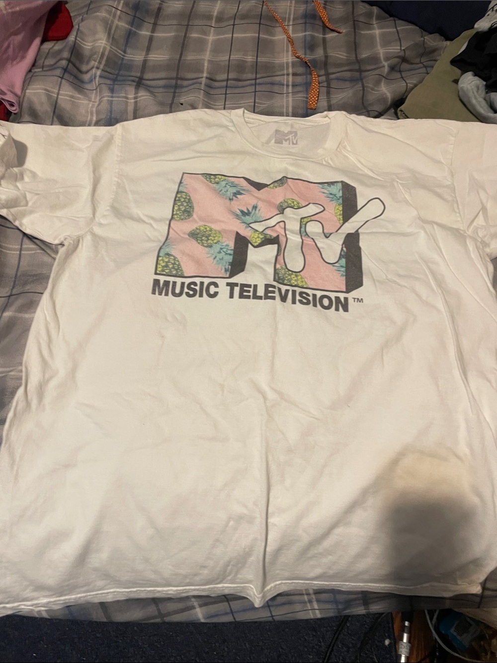 MTV White Short Sleeve Logo Tee with Pink & Green Pineapple Graphic